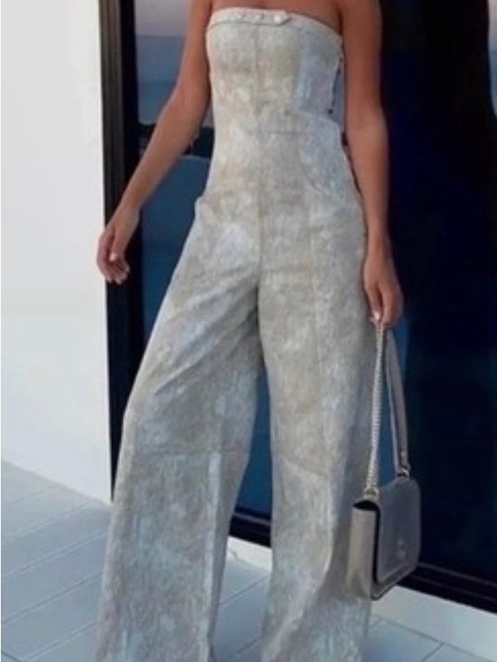 Zara Strapless Wide Leg Jumpsuit Sand Beige Textured Acid Wash Pockets